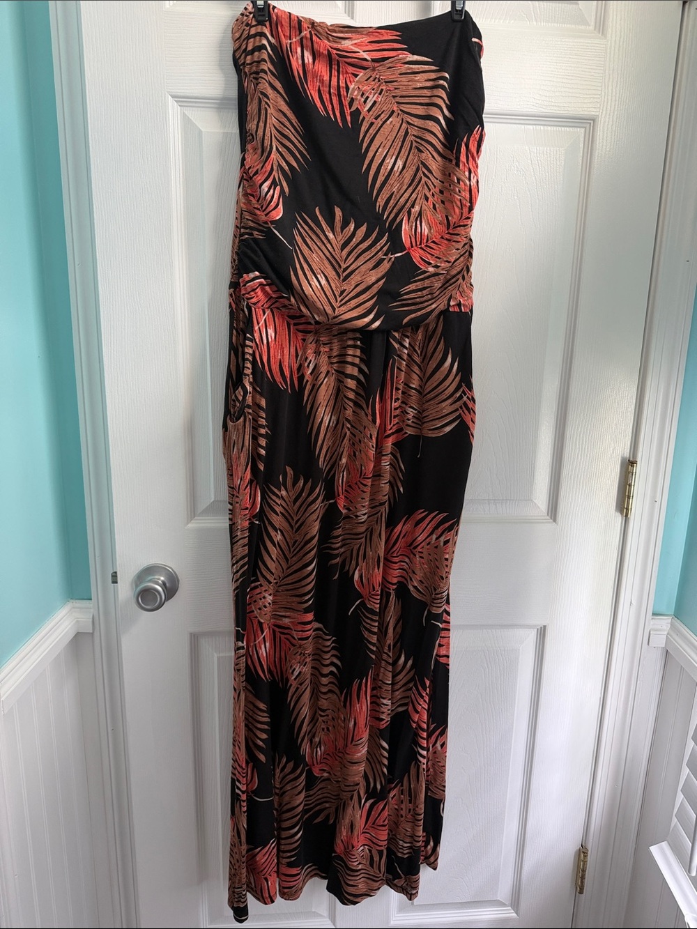 Strapless Black Maxi Dress with Coral and Tan Leaf Print